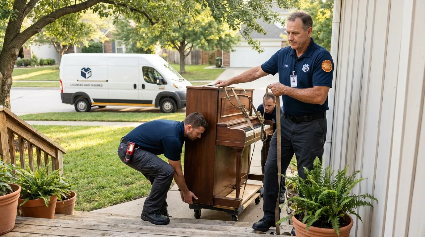 Licensed piano movers securing grand piano in Kansas City, KS