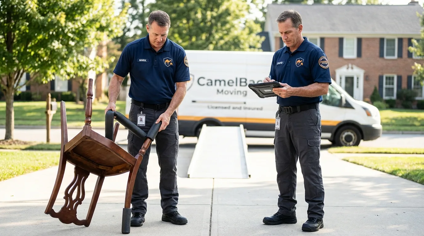 Movers inspecting furniture for damage prevention before loading in Kansas City, KS