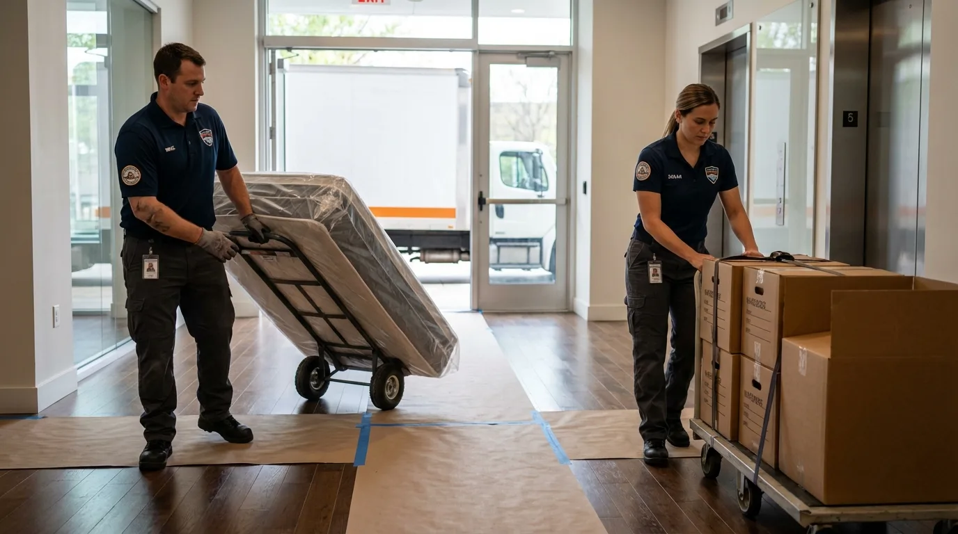 Professional apartment movers loading elevator in Kansas City, KS