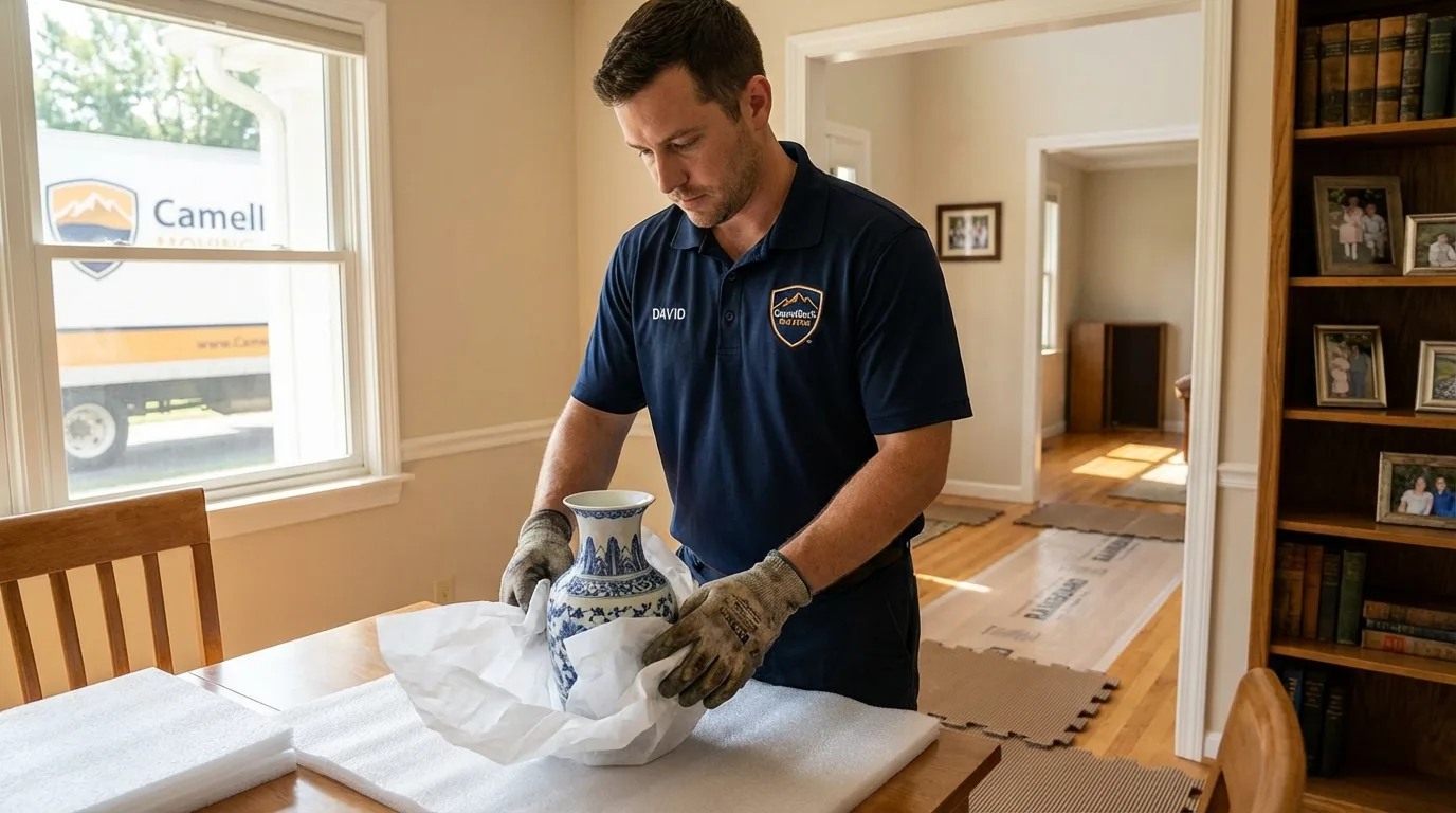 Professional crew carefully wrapping antique vase for senior downsizing move in Kansas City, KS
